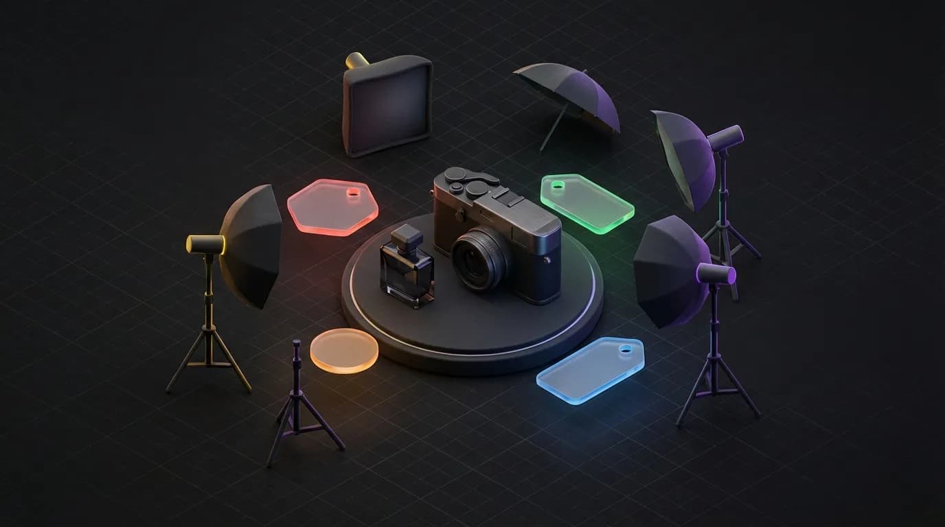 Isometric 3D illustration of a photo studio with camera on turntable and studio lights