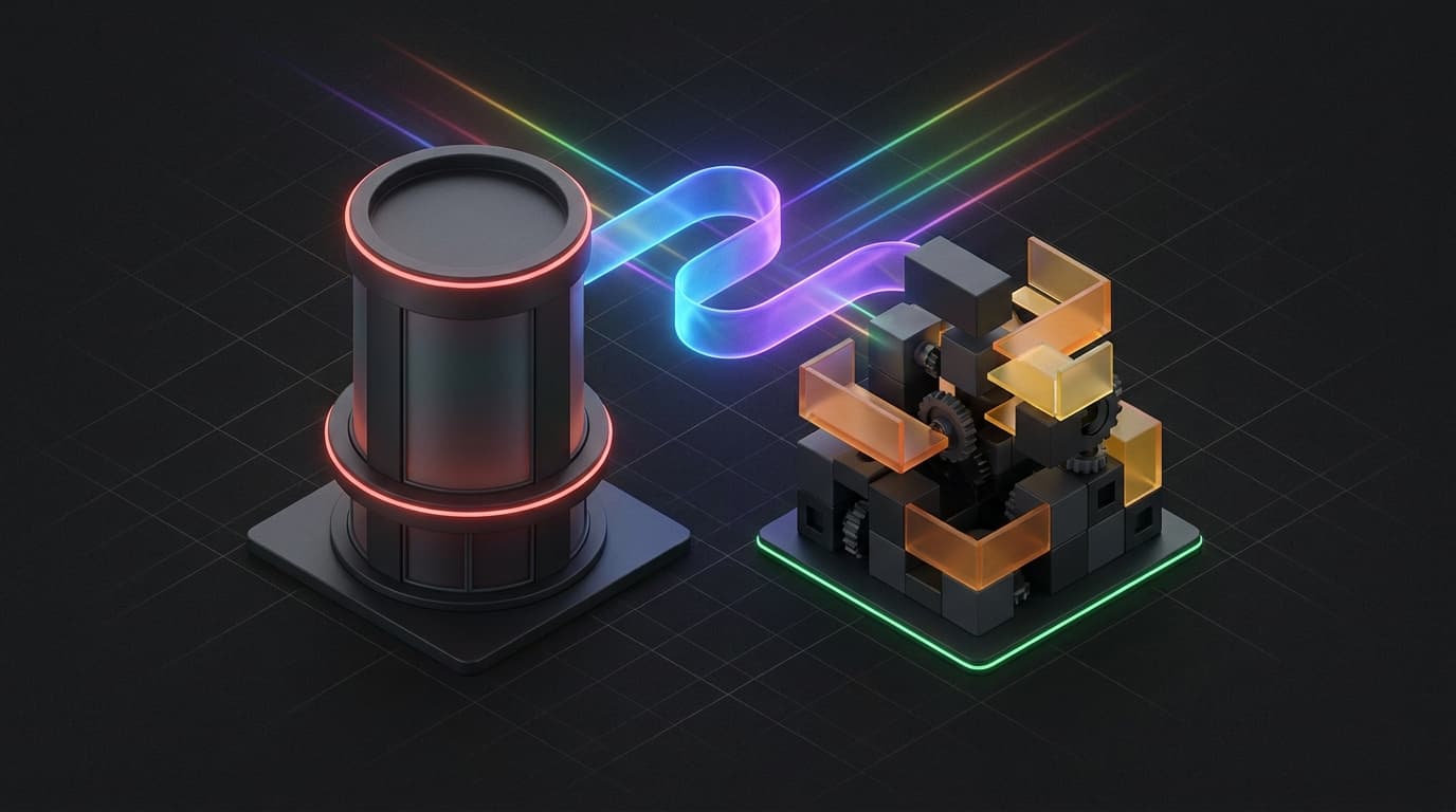 Isometrische 3D-scene van twee webshop-platforms als bouwstenen naast elkaar, met een merkidentiteit als verbindende laag erboven