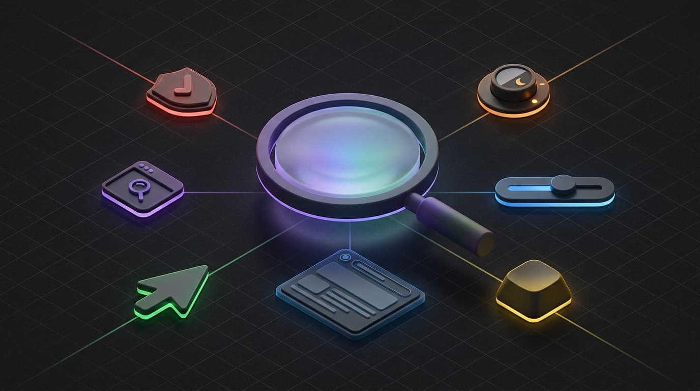 Isometrisch 3D-vergrootglas omringd door toegankelijkheidsobjecten op een donker raster met regenboog rim-lighting