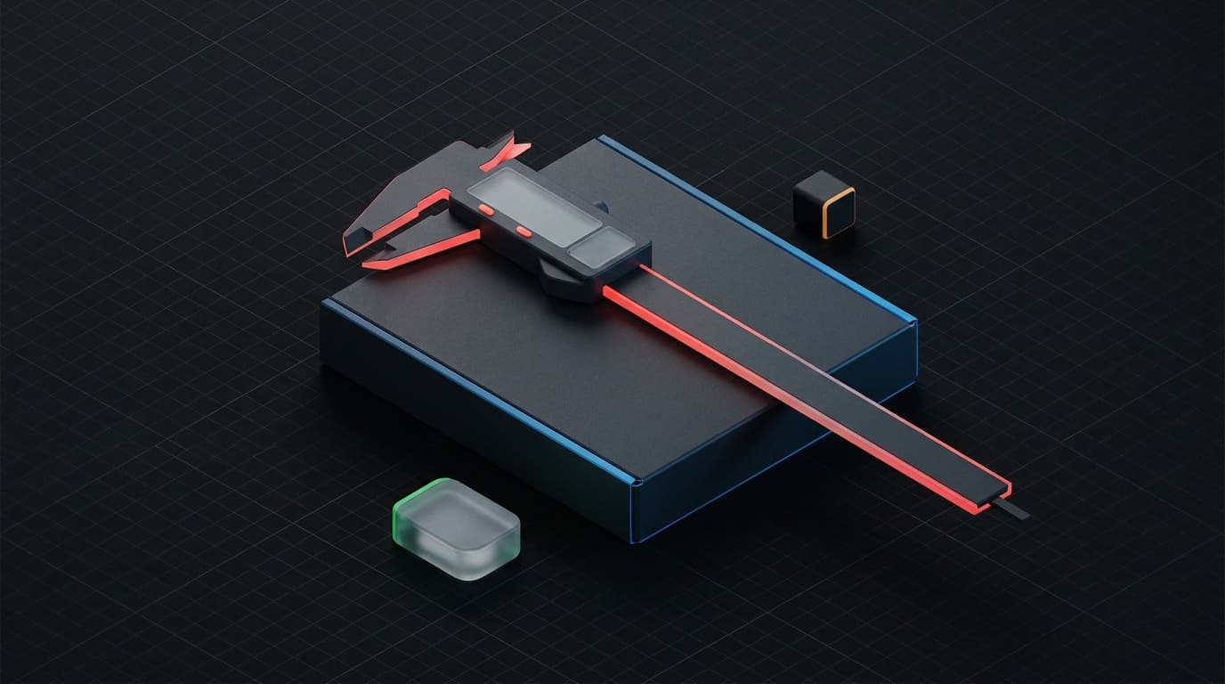 Isometrische 3D-scene van een schuifmaat die de dikte van een platte verzendverpakking meet