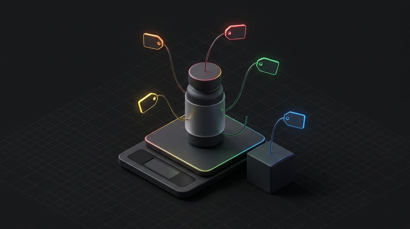 Isometric scene in which a package sits on a scale and every design choice hangs off the box as a separate price tag