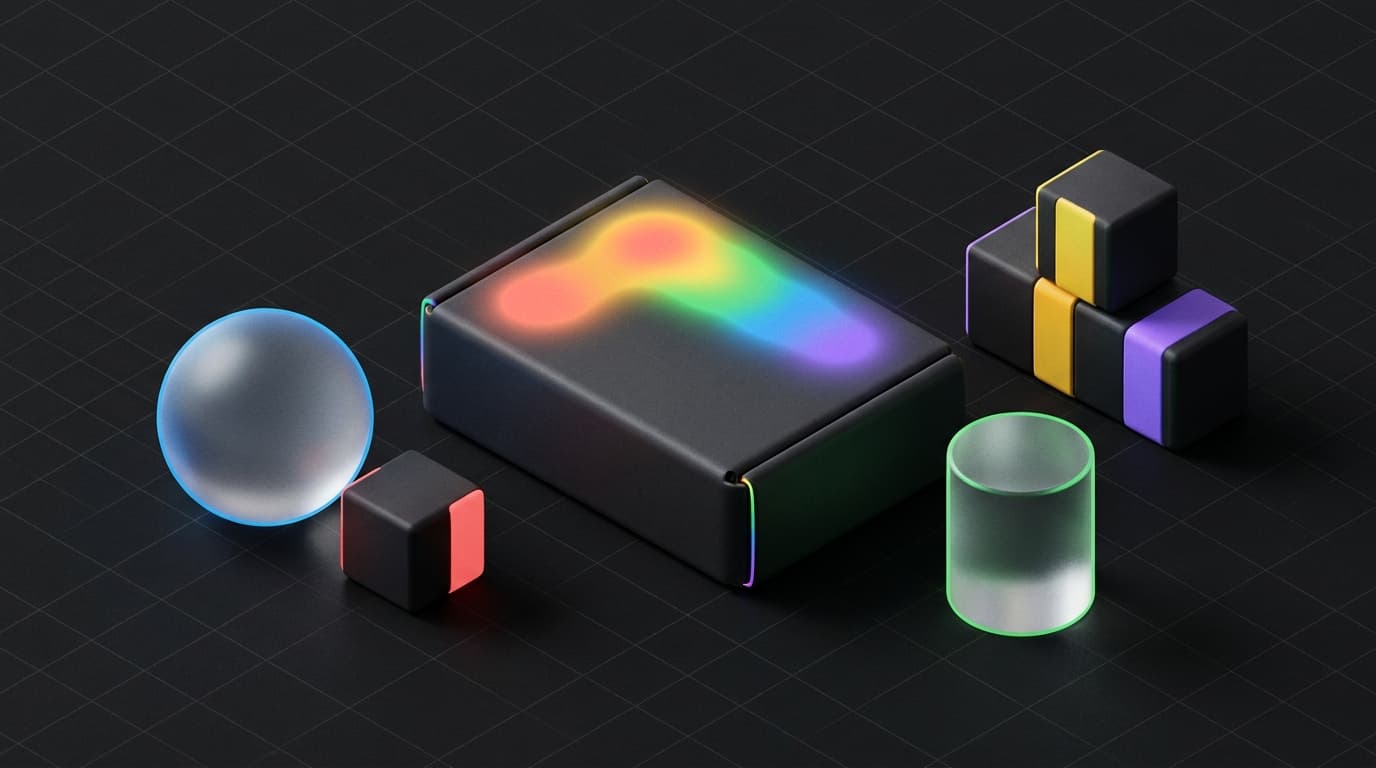 Isometrische 3D-scene van een productverpakking met een oplichtende kijkpatroon-kaart over de merknaam