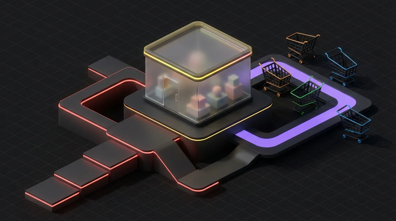 Isometric 3D illustration of a webshop conversion funnel with shopping carts