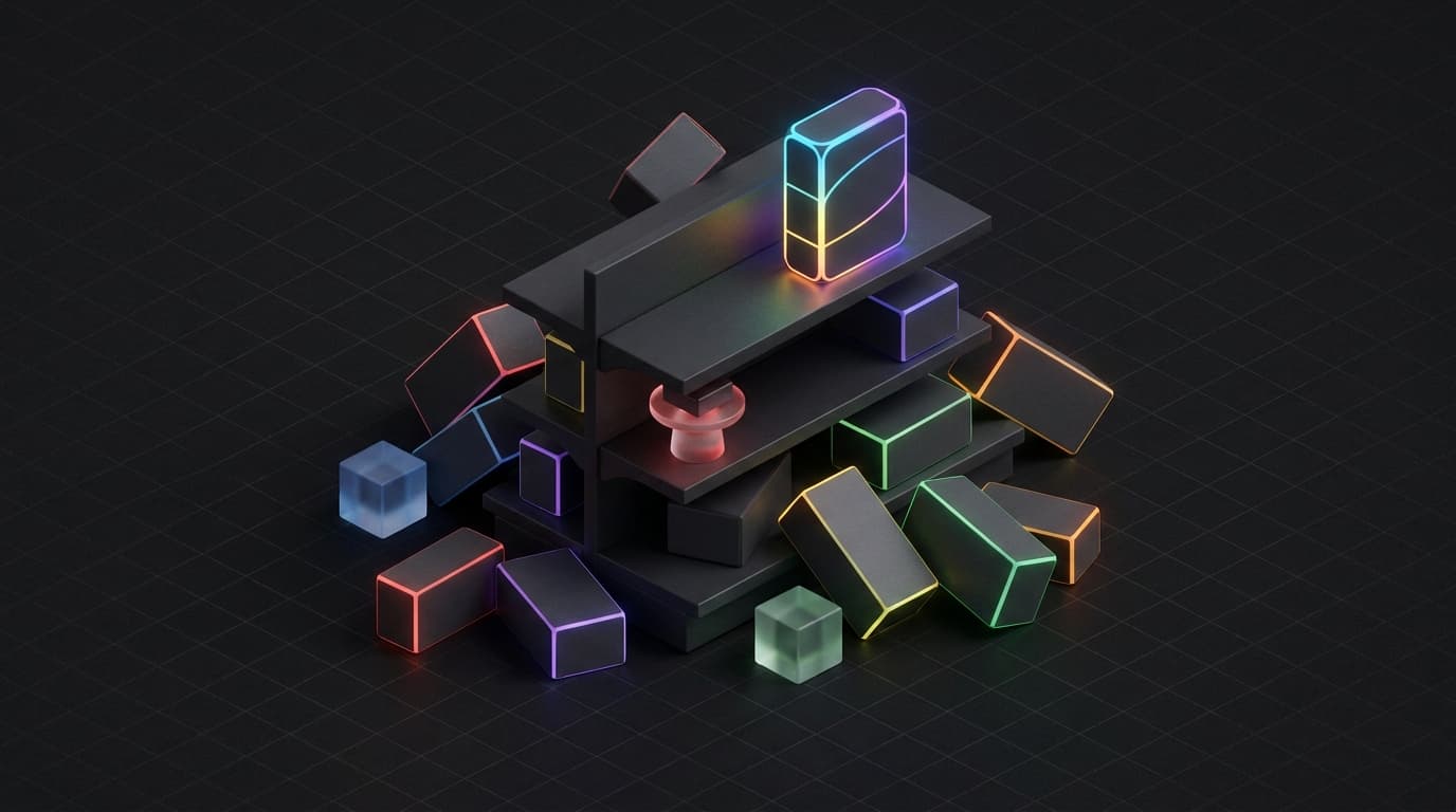 Acht anonieme matte-grijze productdozen op een charcoal grid, met één centrale doos die uitsteekt boven de rest en een fel coral-rode rim-light heeft. Symbool voor een gebrand product dat opvalt tussen generieke marketplace-listings.