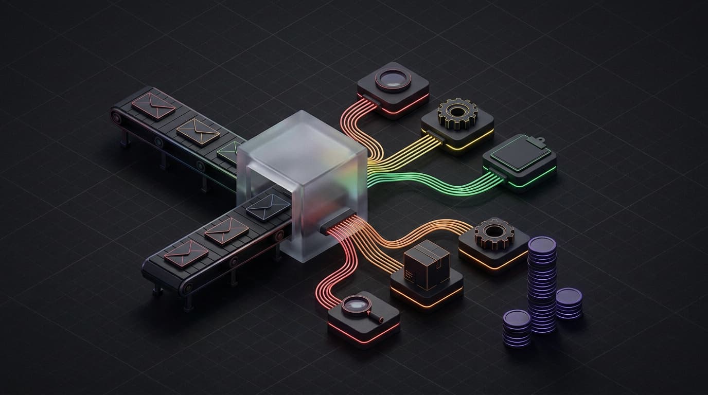 Isometrische 3D illustratie van twee lopende banden met enveloppen die een matglazen kubus in gaan, waaruit gekleurde kabels naar zes kleine blokken lopen met een loep, tandwielen, een klembord en een doos, met ernaast een hoge en twee lage stapels paarse munten