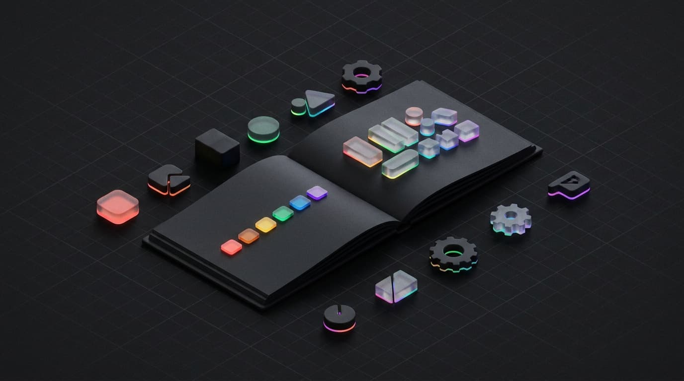 Isometric 3D illustration of an open brand book with colour swatches, type specimens and logo variants, from which a glowing stream of text flows to a small screen