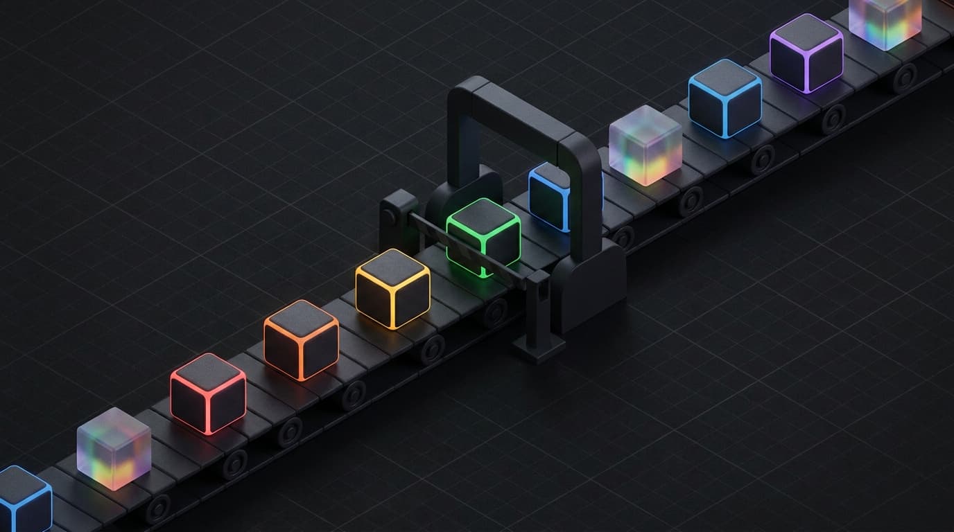 Isometrische 3D illustratie van een lopende band met pakketjes die door een poort gaat, waarbij een poortdeel een pakketje tegenhoudt