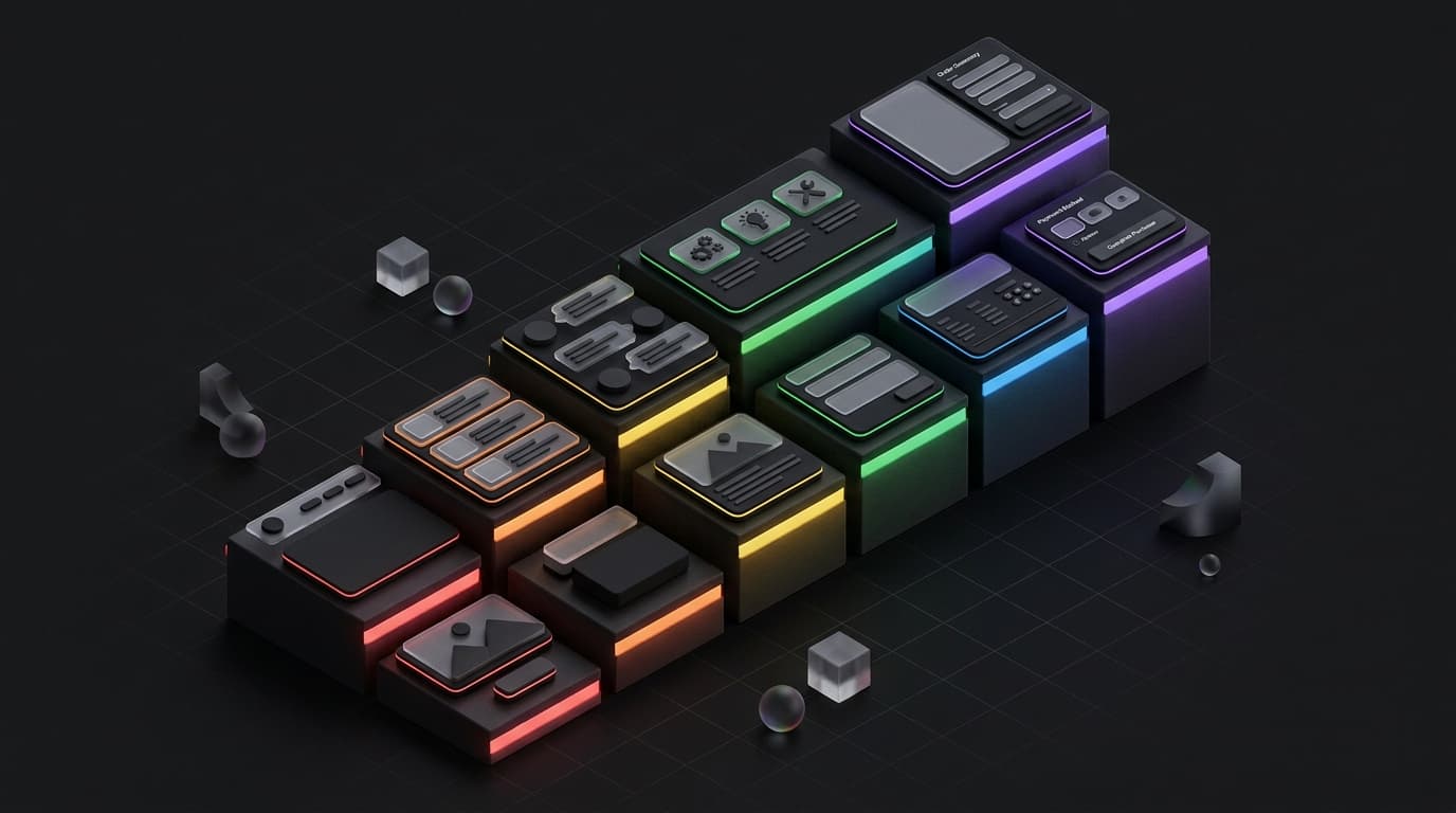 Isometrische 3D illustratie van oplopende blokken met websiteonderdelen erop, van een eenvoudige pagina tot een afrekenscherm, elk blok met een gekleurde lichtrand op een donkere ondergrond
