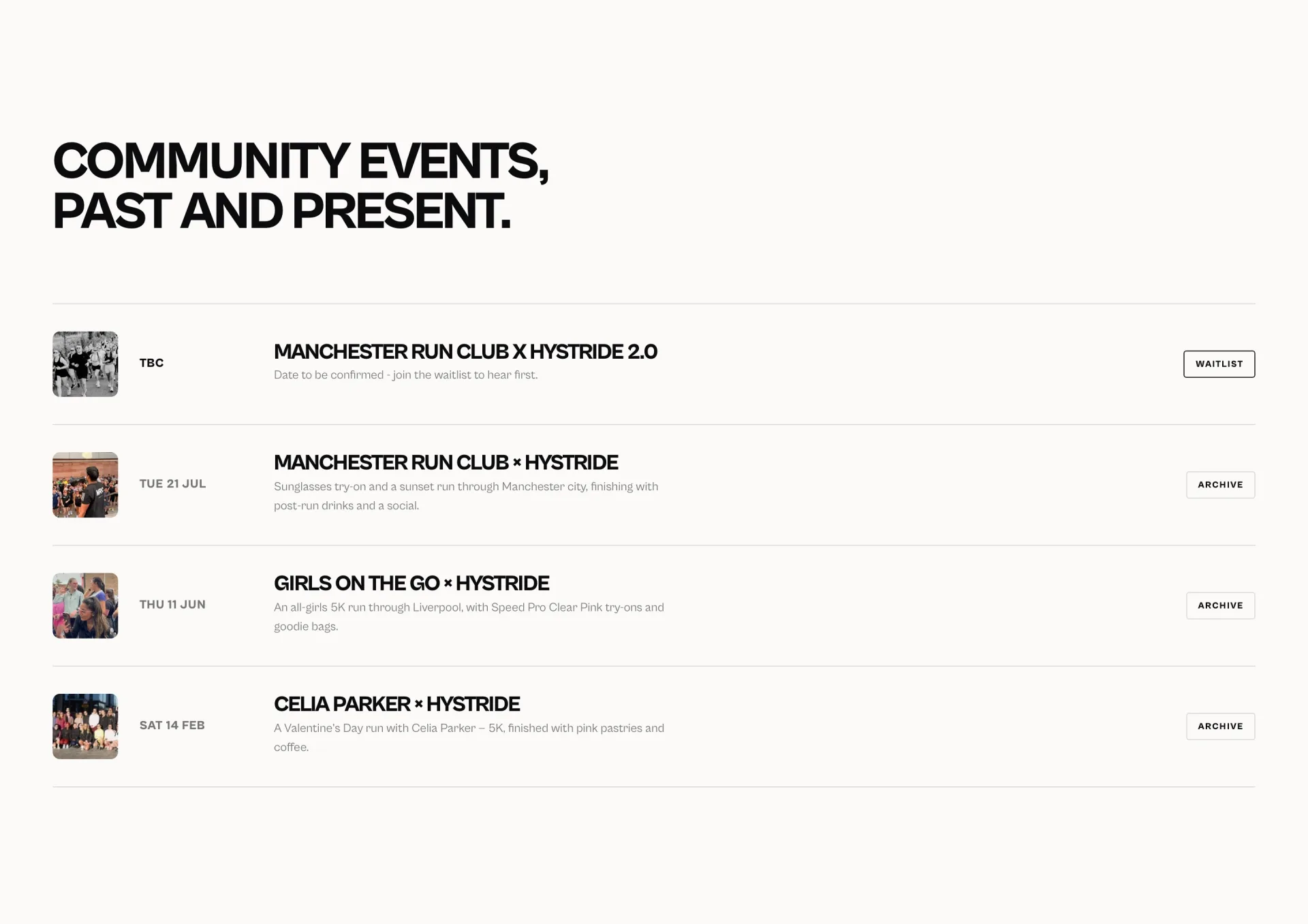 Overzicht van Hystride-community-events met run clubs