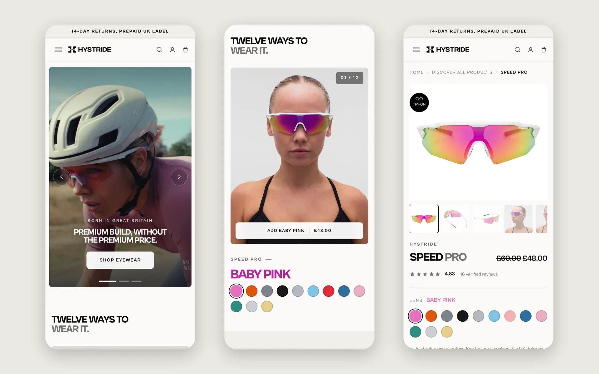 Drie mobiele schermen van hystride.com: de hero, de twaalf lenskleuren en de productpagina van de Speed Pro