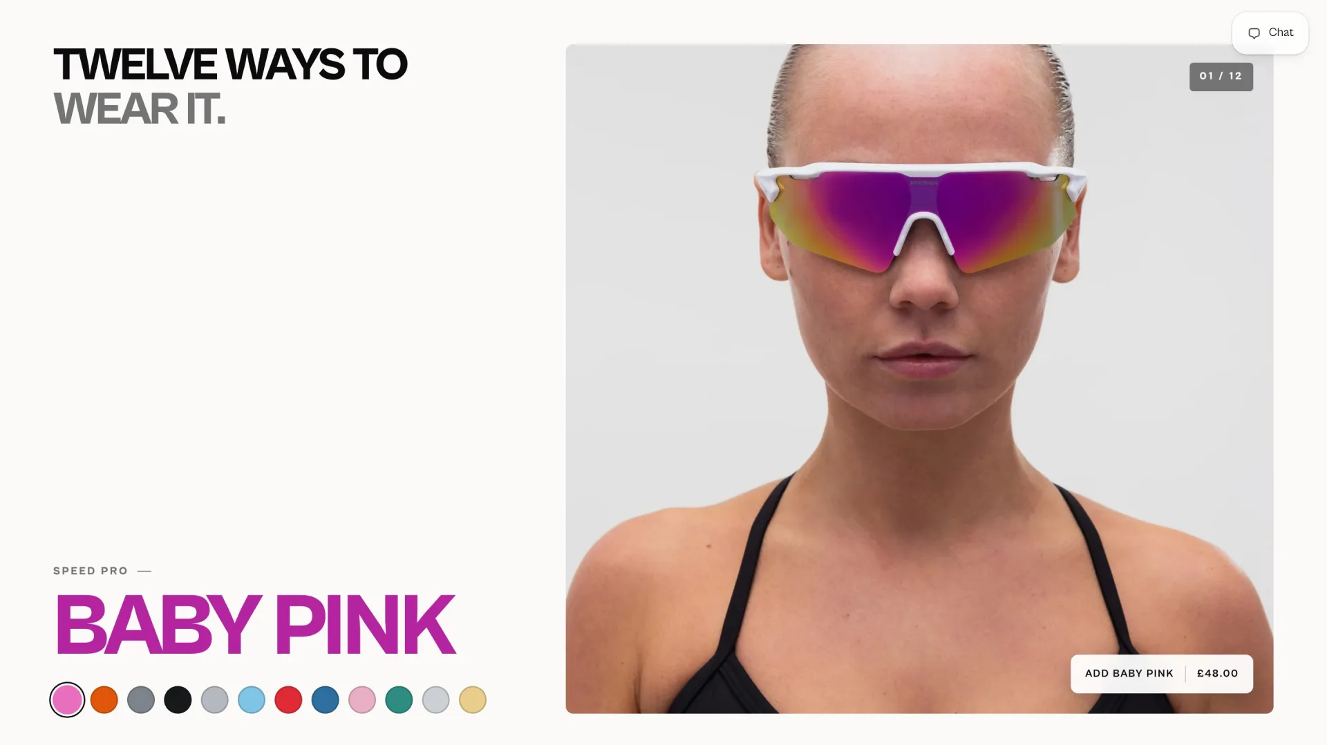 Hystride-homepage: de Speed Pro in Baby Pink met kleurstalen voor alle twaalf lenskleuren