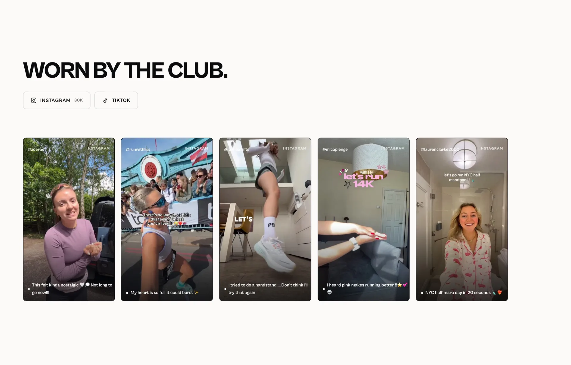 Worn by the club op de Hystride-homepage: een rail met Instagram- en TikTok-posts