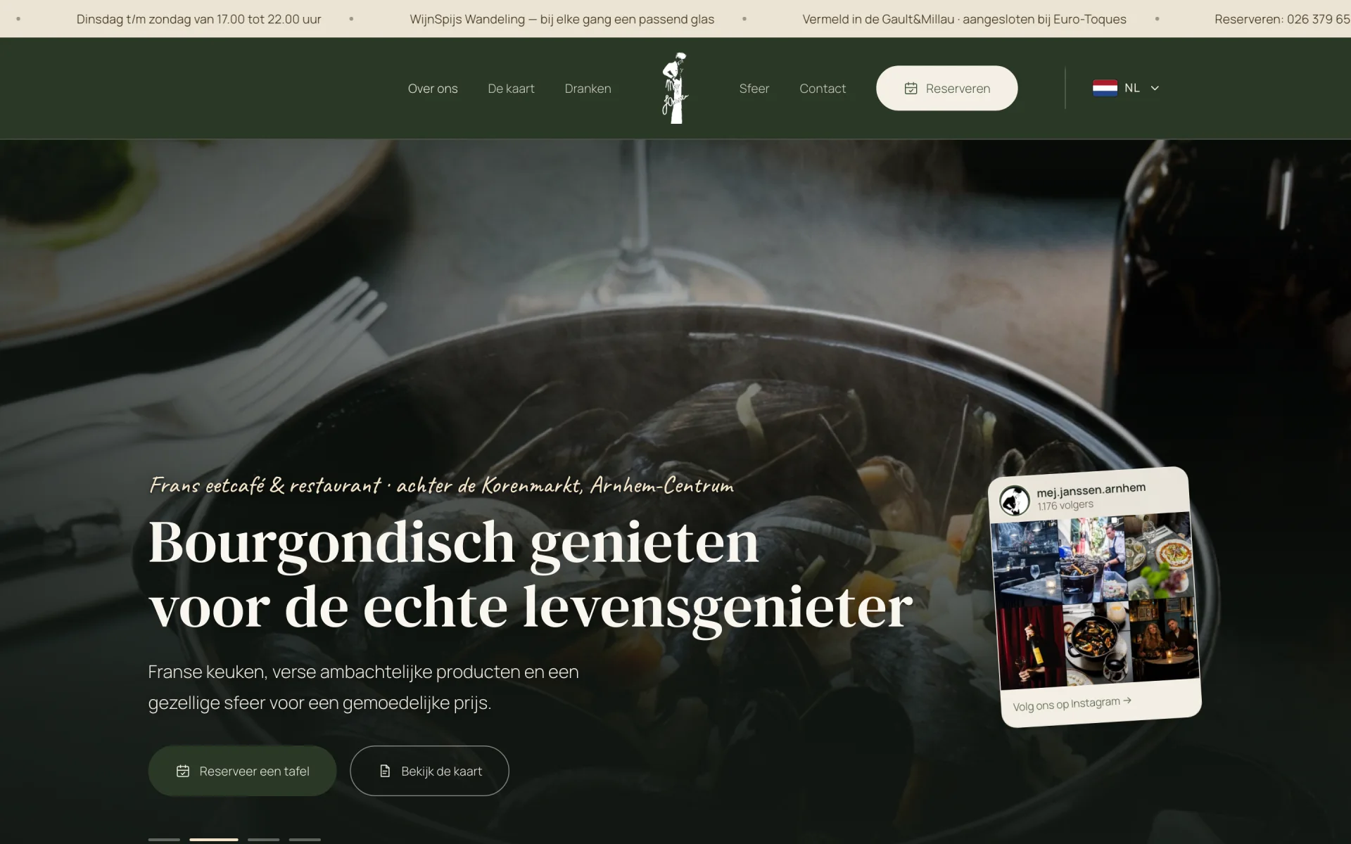 Homepage van mejjanssenarnhem.nl met de kop Bourgondisch genieten voor de echte levensgenieter
