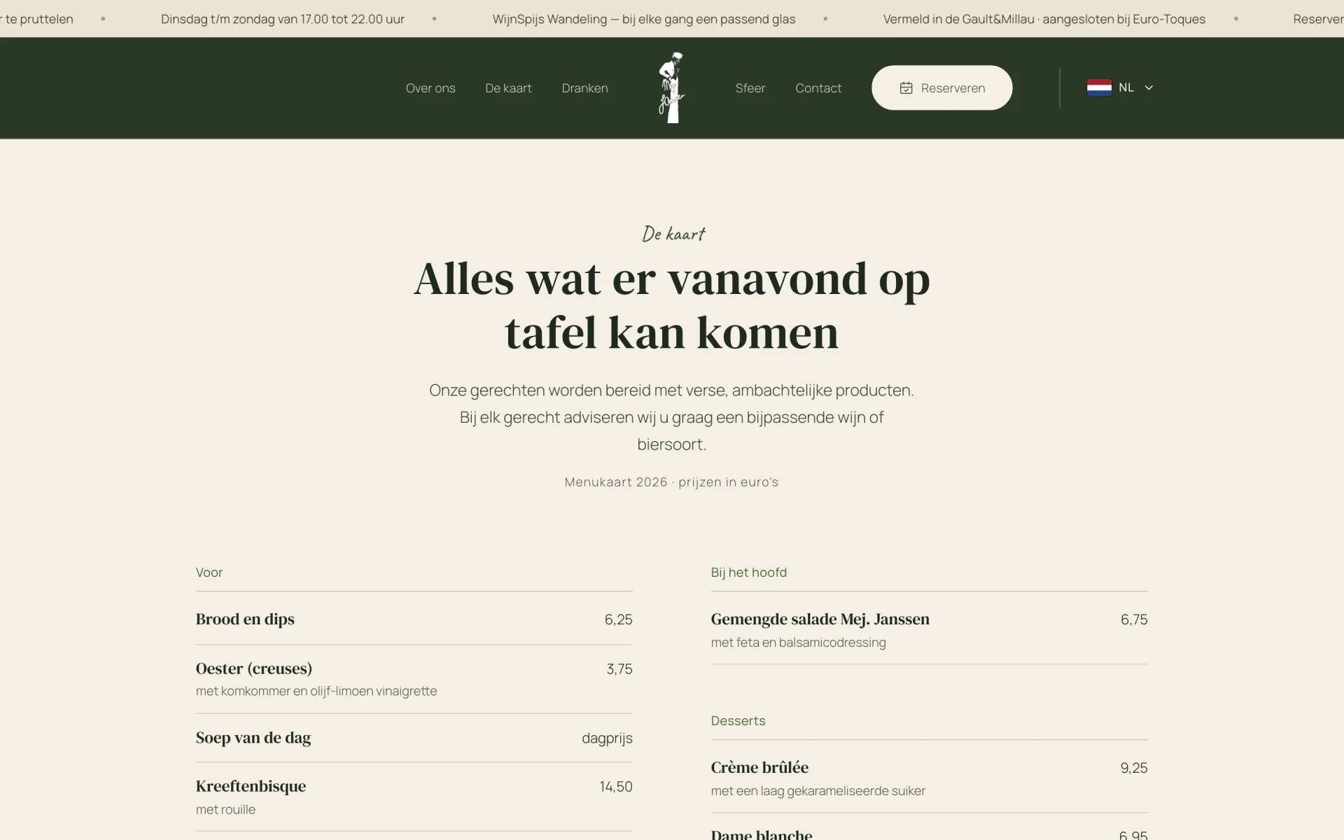 Menukaart van Mej. Janssen als tekst op de website, met gerechten en prijzen