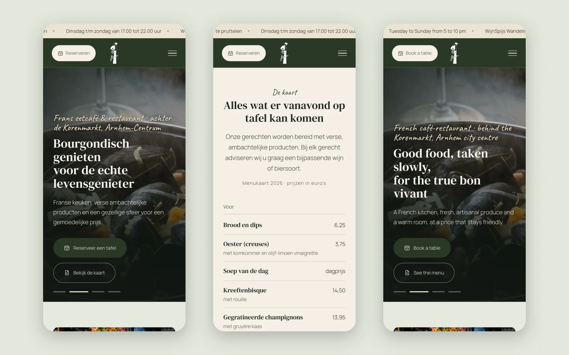 Drie mobiele schermen van mejjanssenarnhem.nl: de homepage, de menukaart en de Engelse homepage