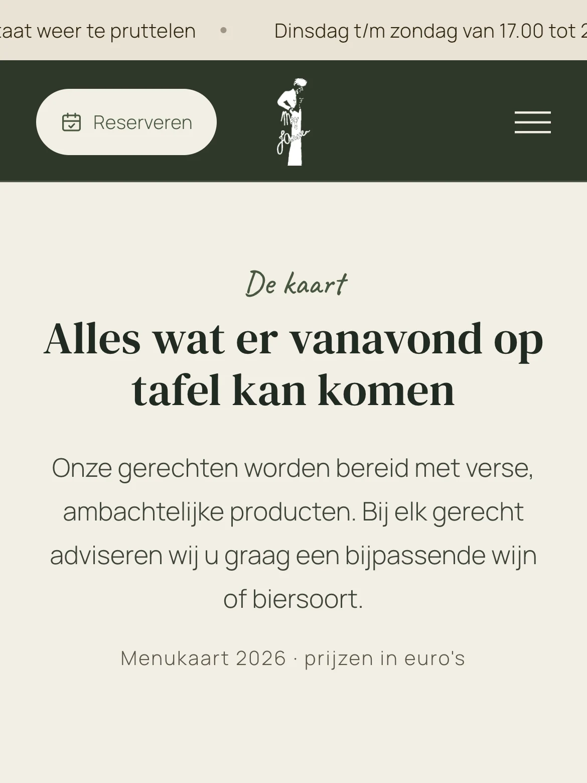 De menukaartpagina van mejjanssenarnhem.nl op mobiel: Alles wat er vanavond op tafel kan komen