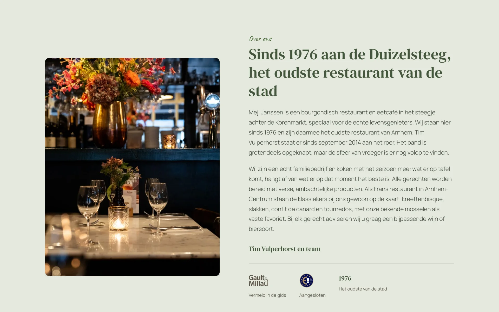 Sectie over het restaurant: sinds 1976 aan de Duizelsteeg, het oudste restaurant van Arnhem