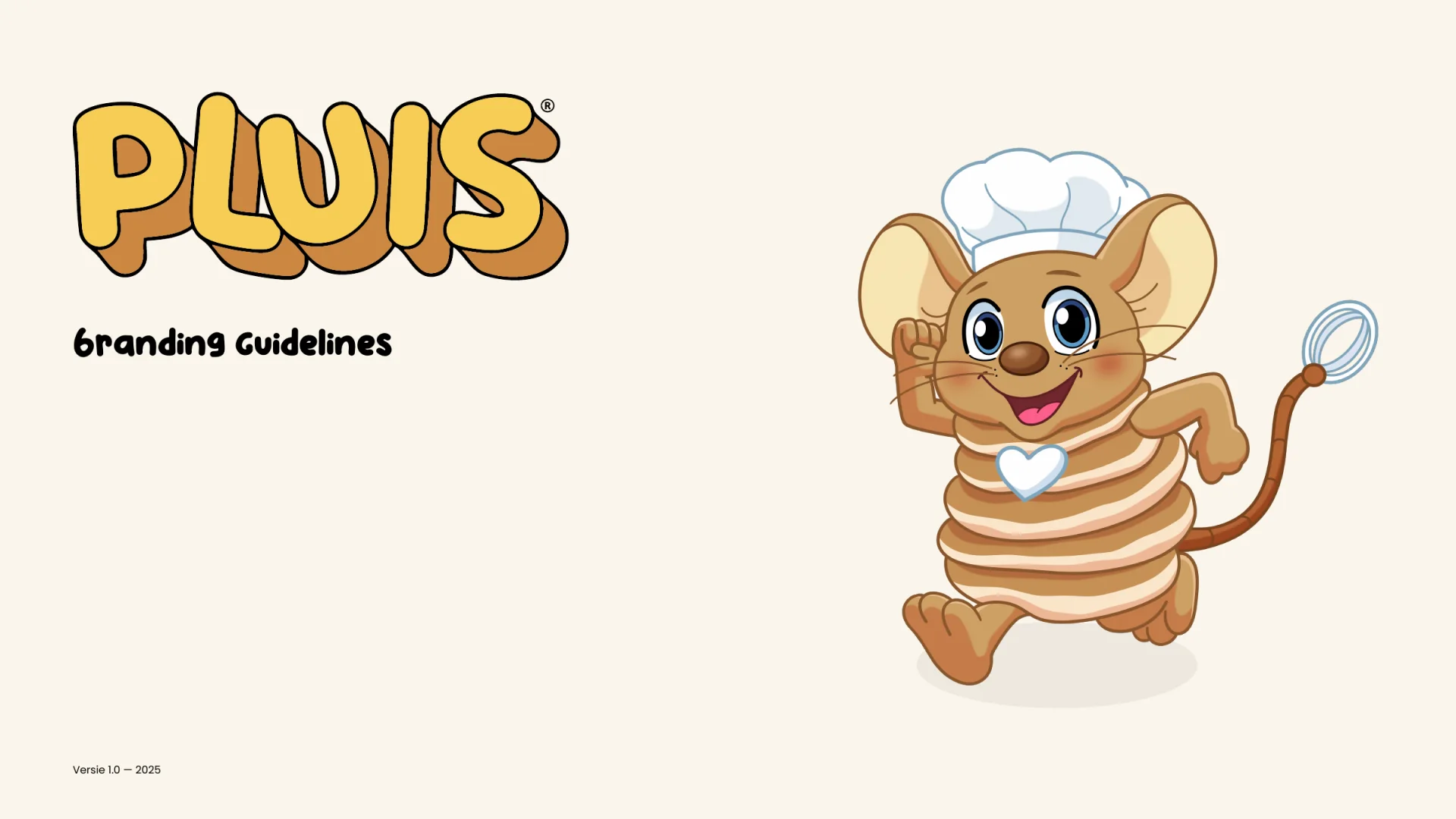 Voorkant van het Pluis-brandbook met het logo en mascotte Pluis de pannenkoekenmuis