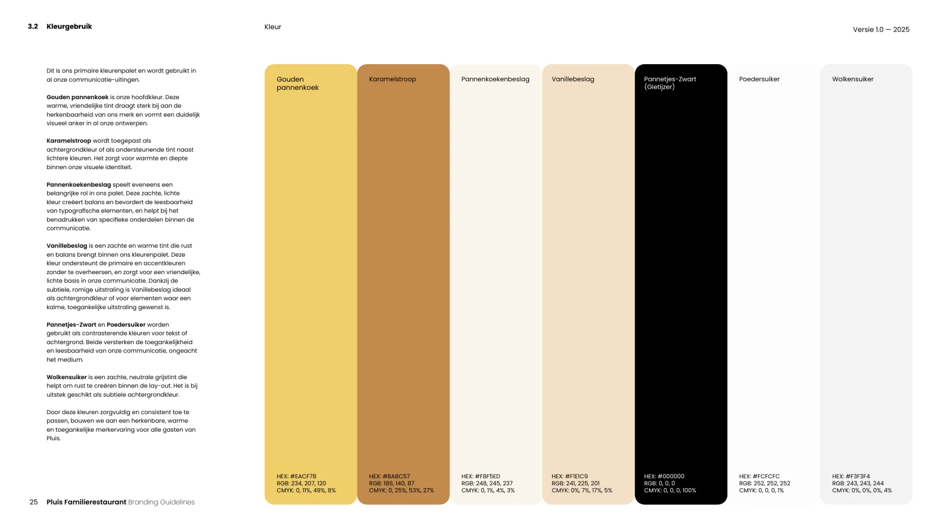 Brandbookpagina met het kleurenpalet van Pluis, van gouden pannenkoek tot karamelstroop