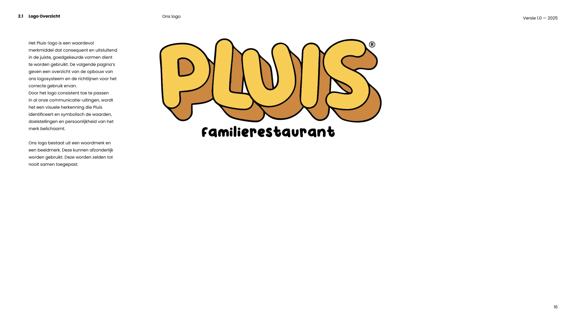Brandbookpagina met het Pluis-logo: woordmerk met de ondertitel Familierestaurant
