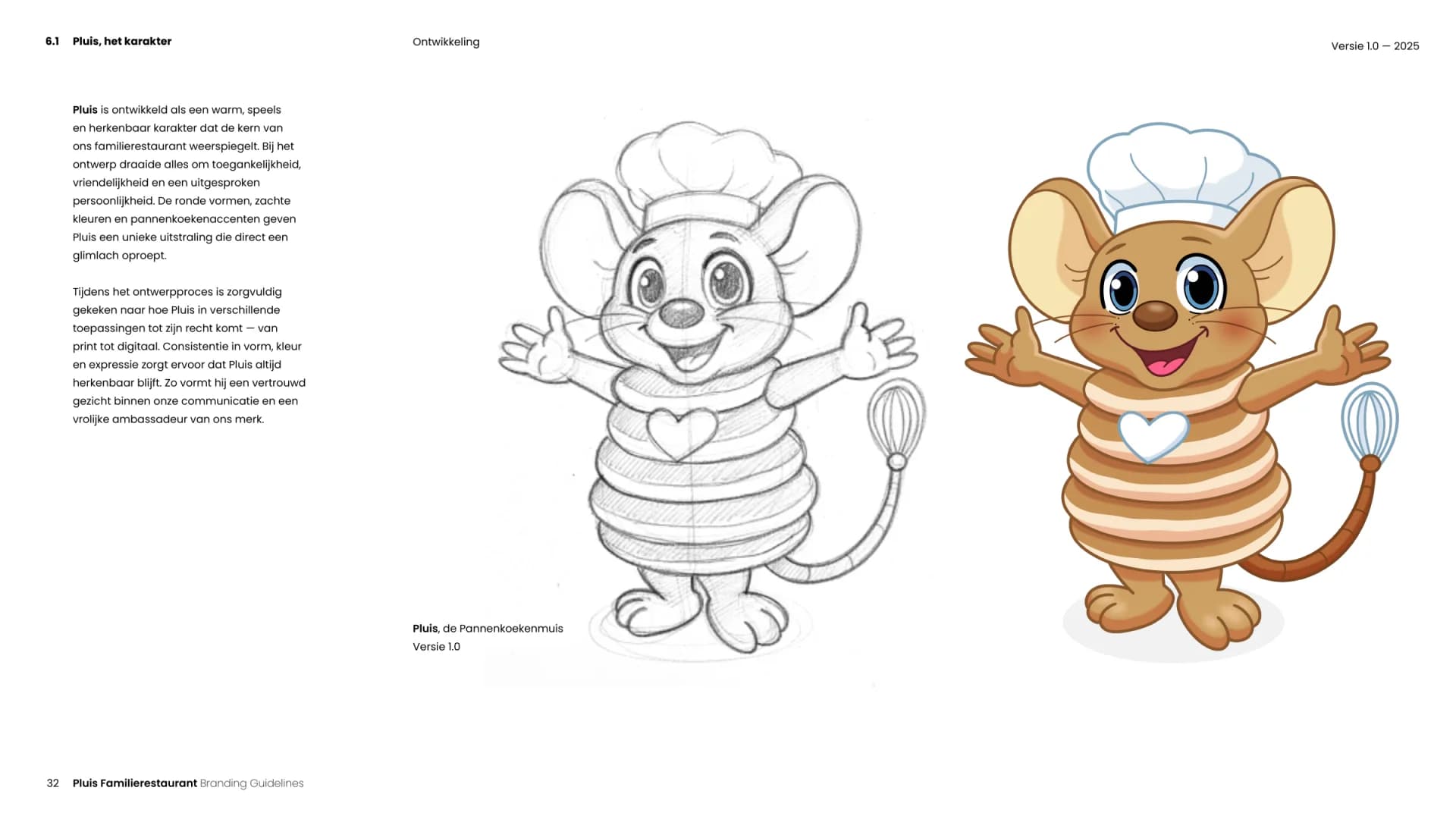 Mascotte Pluis van potloodschets naar uitgewerkte illustratie