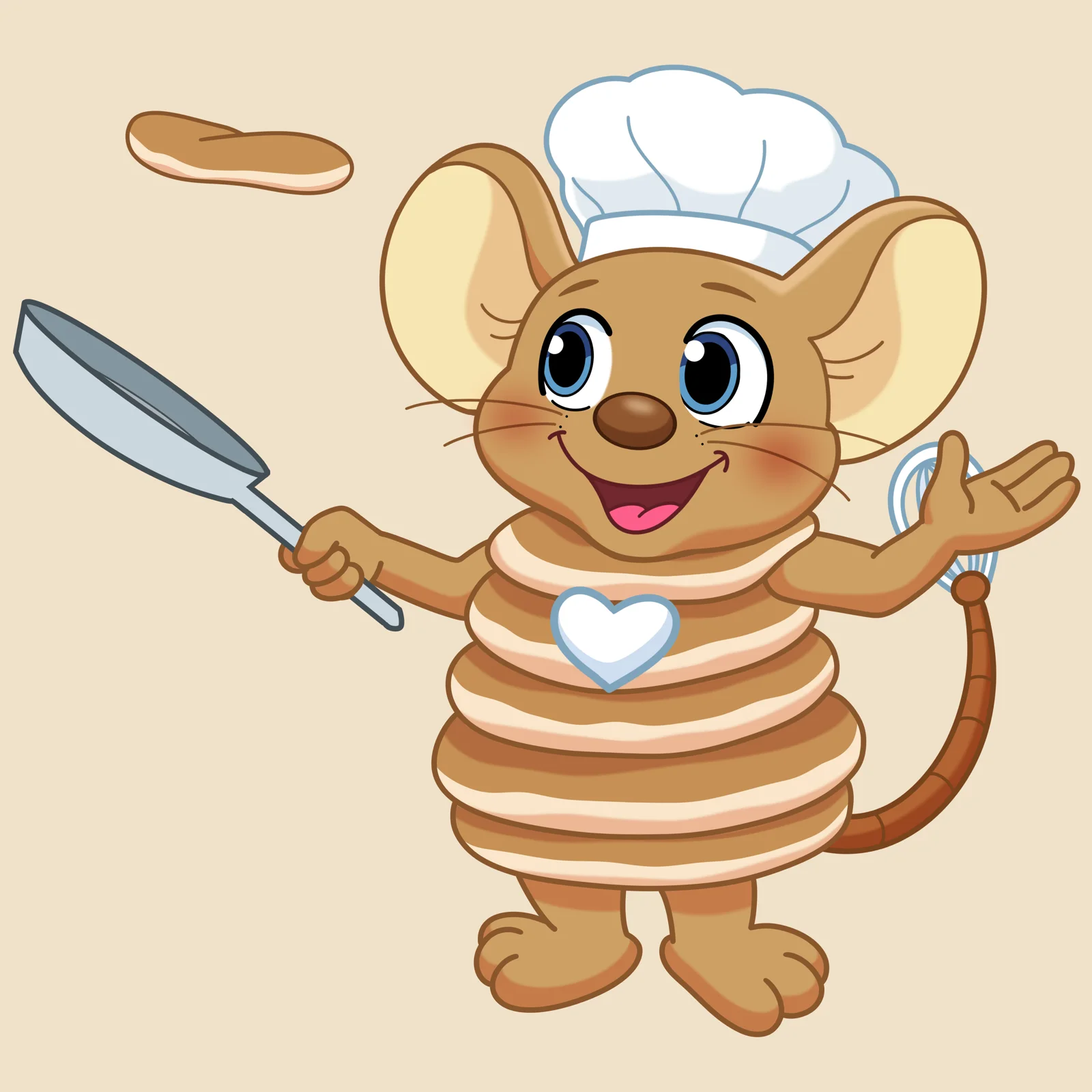 Mascotte Pluis met een koekenpan en een opgeworpen pannenkoek