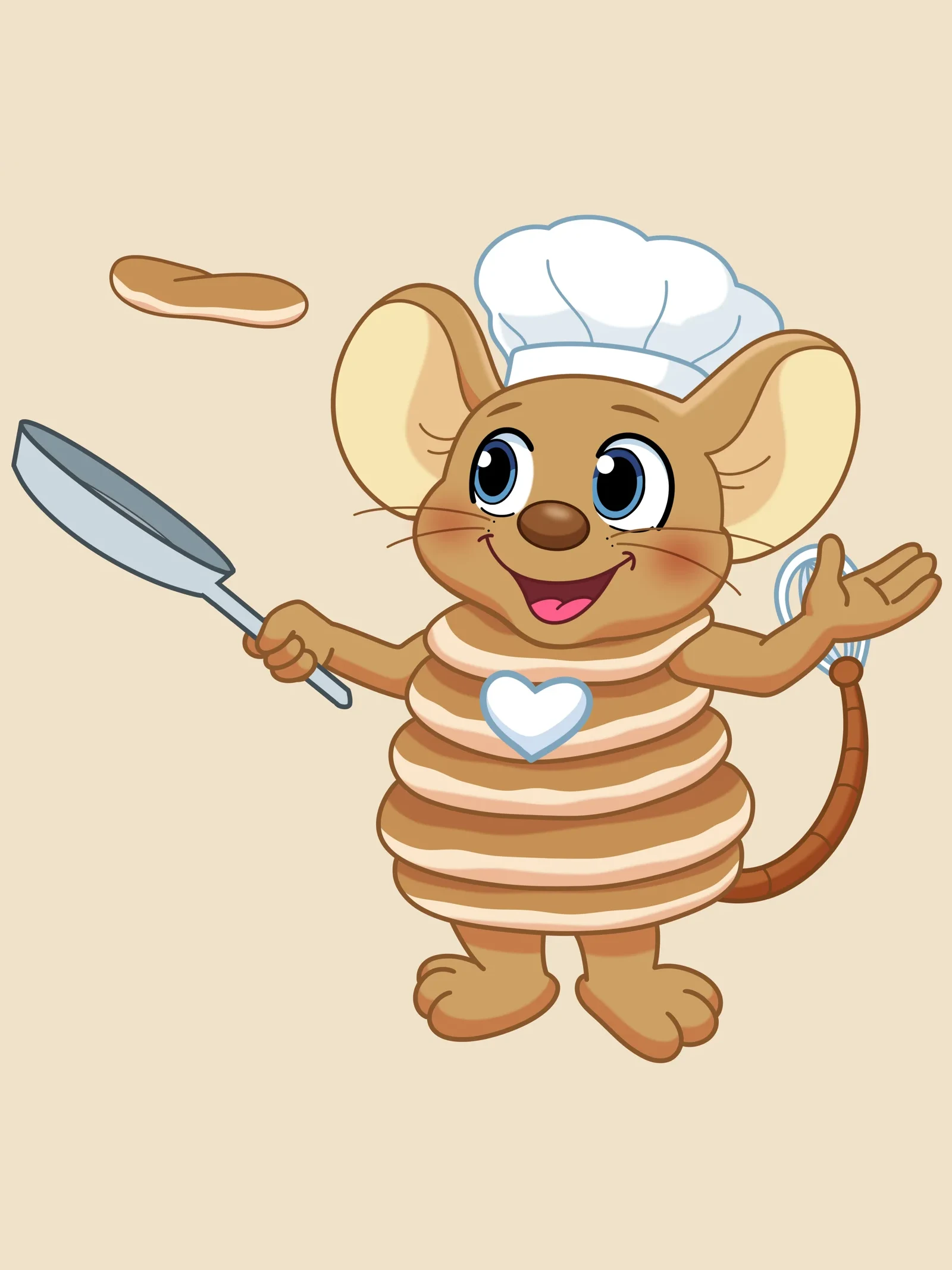 Mascotte Pluis met een koekenpan en een opgeworpen pannenkoek