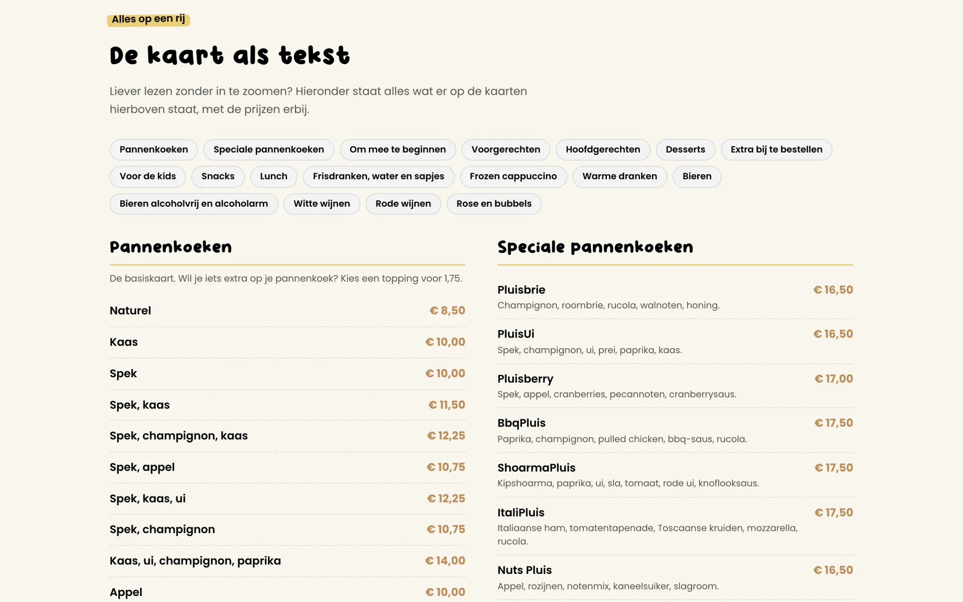 De menukaart van Pluis als doorzoekbare tekst op de website, met pannenkoeken en prijzen