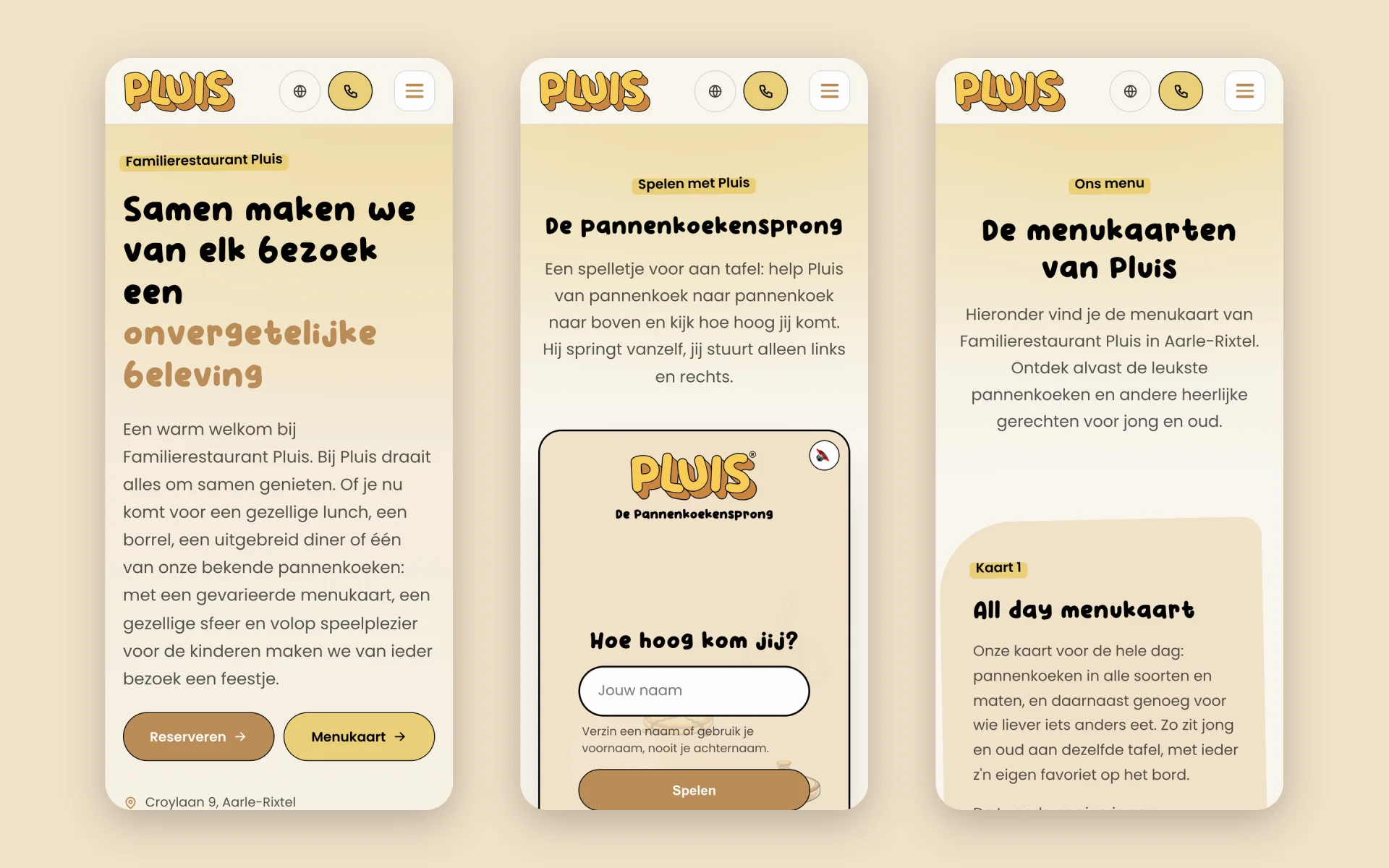 Drie mobiele schermen van restaurantpluis.nl: de homepage, het spel De pannenkoekensprong en de menukaart