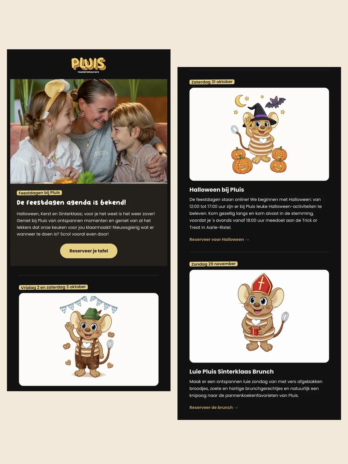 De nieuwsbrief van Pluis over de feestdagenagenda: Oktoberfest, Halloween en de Sinterklaasbrunch, met mascotte Pluis in een eigen outfit per feest