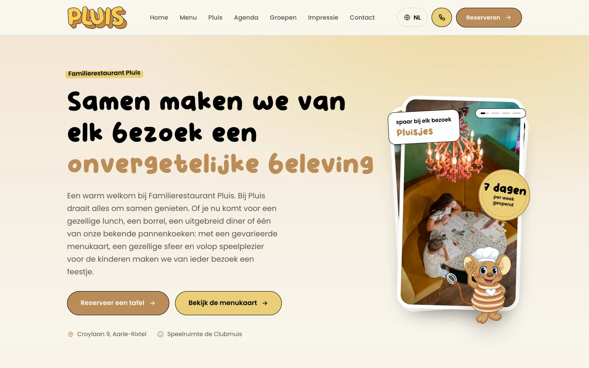 Homepage van restaurantpluis.nl met de kop Samen maken we van elk bezoek een onvergetelijke beleving