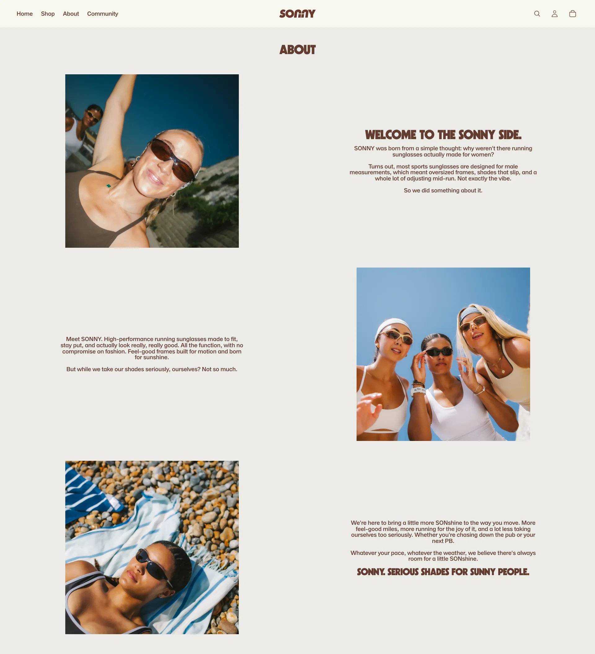 About-pagina van Sonny Eyewear: het merkverhaal in drie blokken, telkens tekst naast beeld