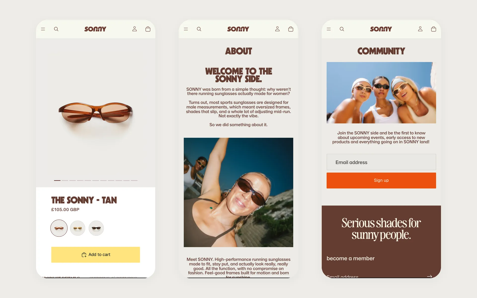 Drie mobiele schermen van sonnyeyewear.com: de productpagina, de About-pagina en de Community-pagina